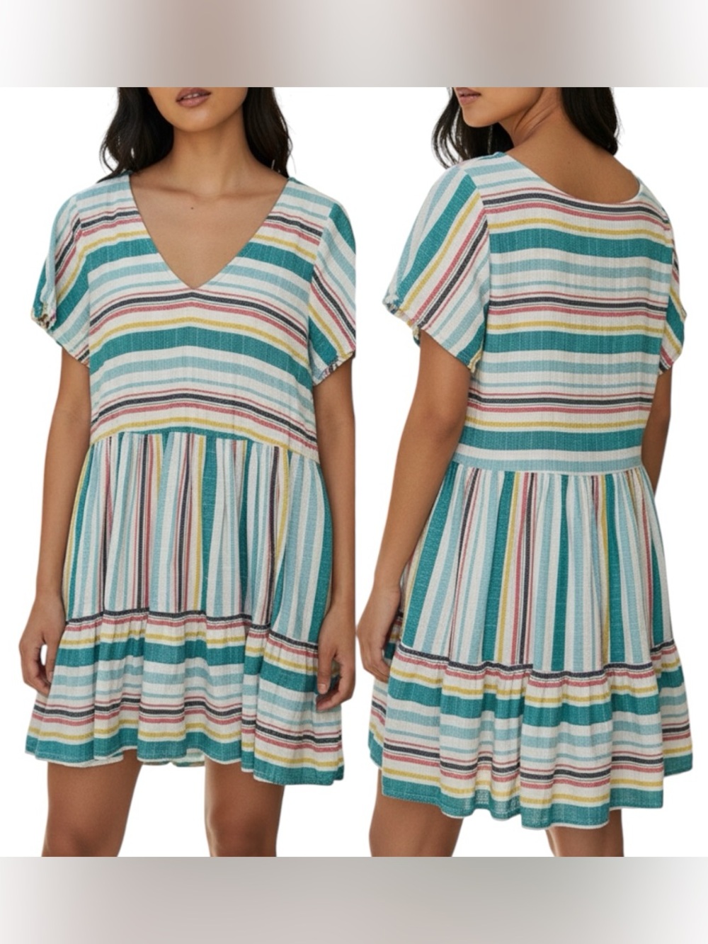 Altar'd State Multicolor Stripe V-Neck Drop Waist Babydoll Swing Dress